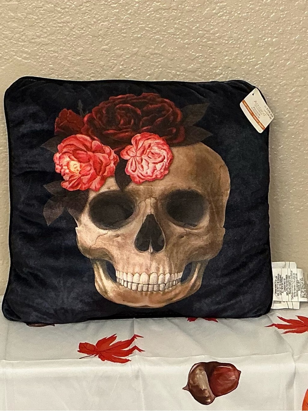 Black Velour Skull & Flowers Throw Pillow